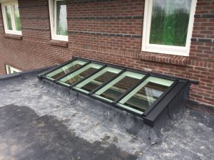 Moderne woning met zwarte lessenaarsdak lichtstraat op plat dak tegen gevel