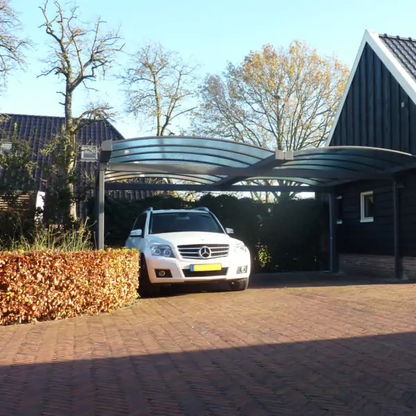 Dubbele gebogen carport met glas naast zwarte houten schuur met witte auto onder de carport